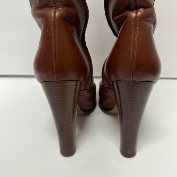 FENDI Women’s Cognac Brown Leather New High Heeled Boots Size 39 8.5 Gold Buckle - Picture 9 of 13